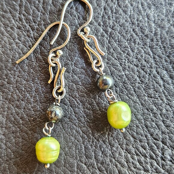 Green Freshwater Pearl Earrings with Sterling Silver - Picture 1 of 5
